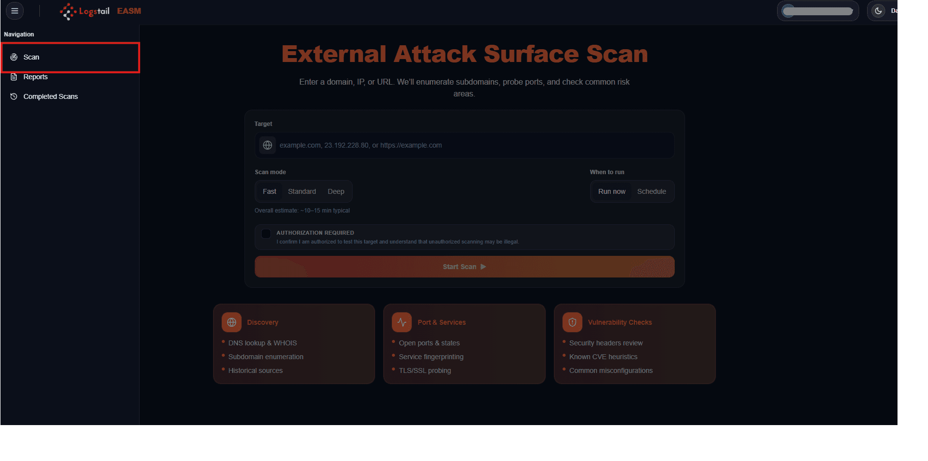 Logstail EASM Scan page