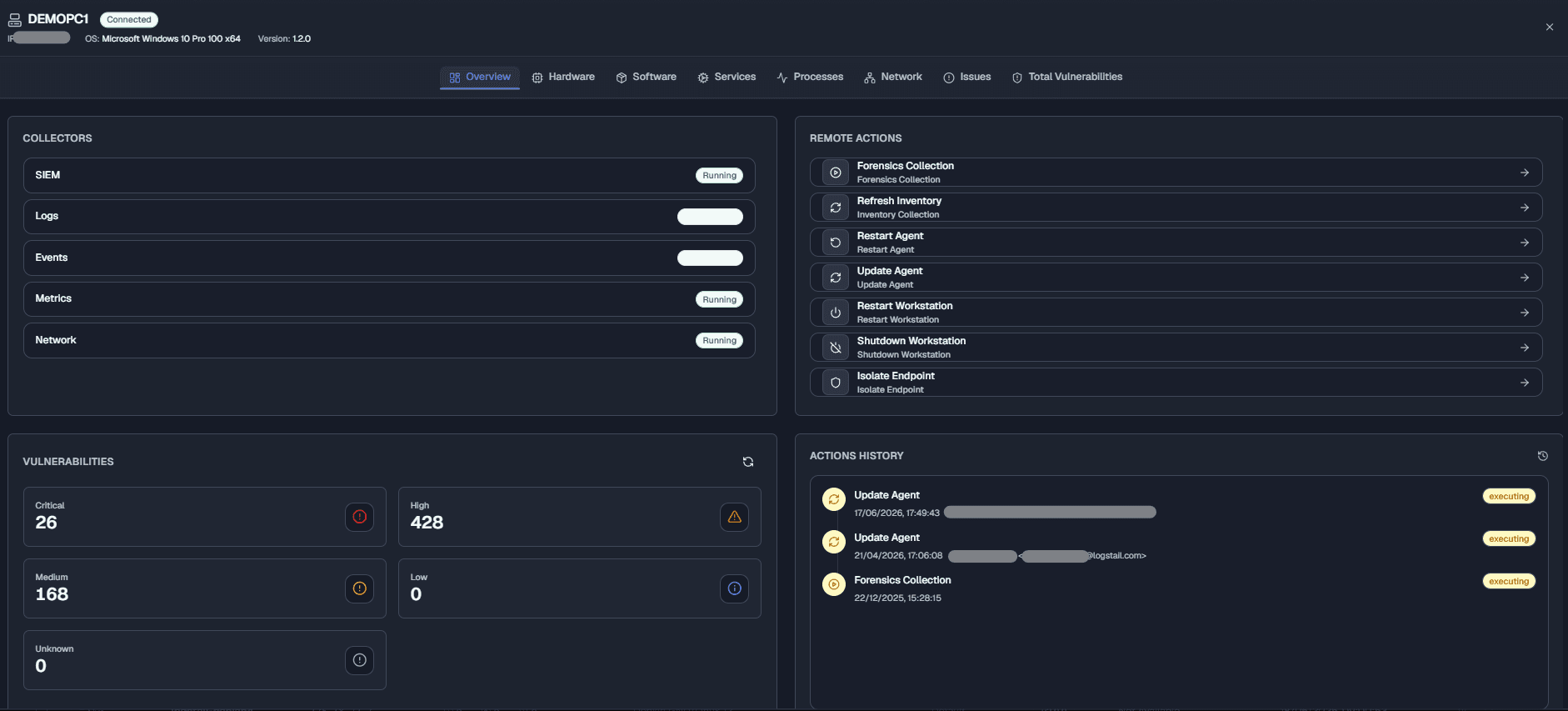 Agent details showing collectors and remote actions
