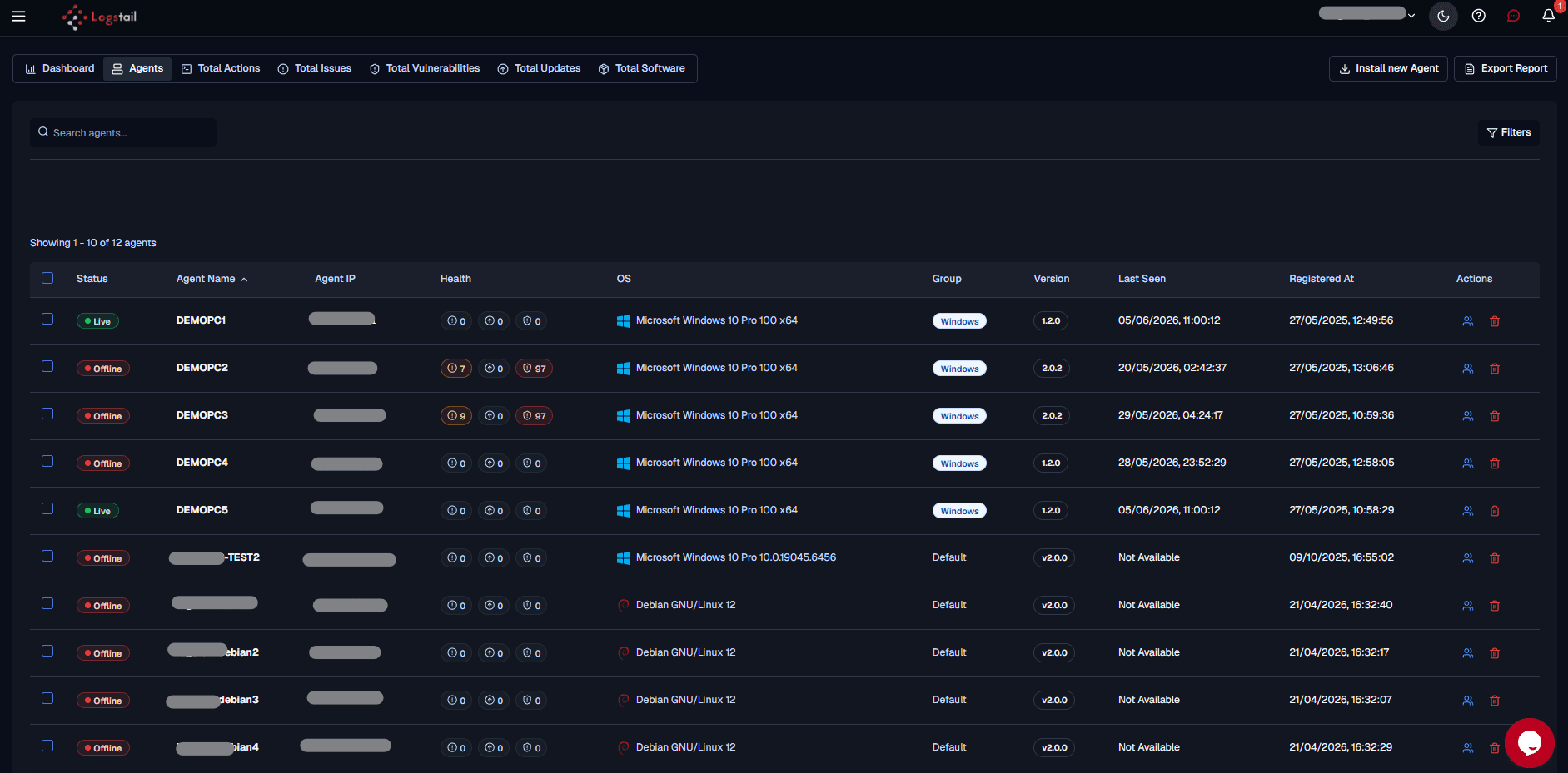 Security Agents overview with tabs, filters, and agent table