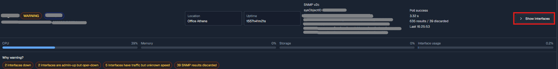 SNMP device card with Show Interfaces button